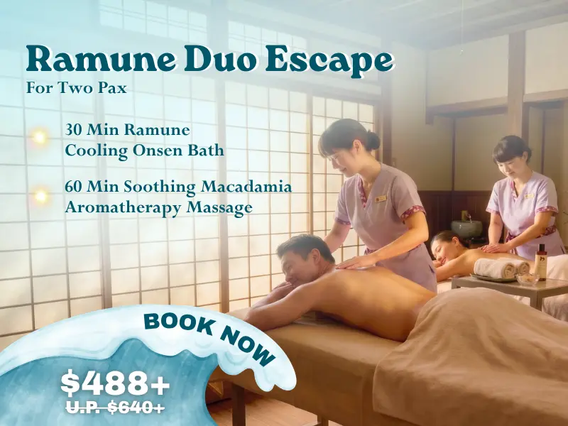 Two people receive massages in a tranquil spa room while two therapists attend to them. As part of our summer spa promotion, guests can indulge in the Ramune Duo Escape package, featuring an onsen bath and aromatherapy massage for the ultimate relaxation experience.