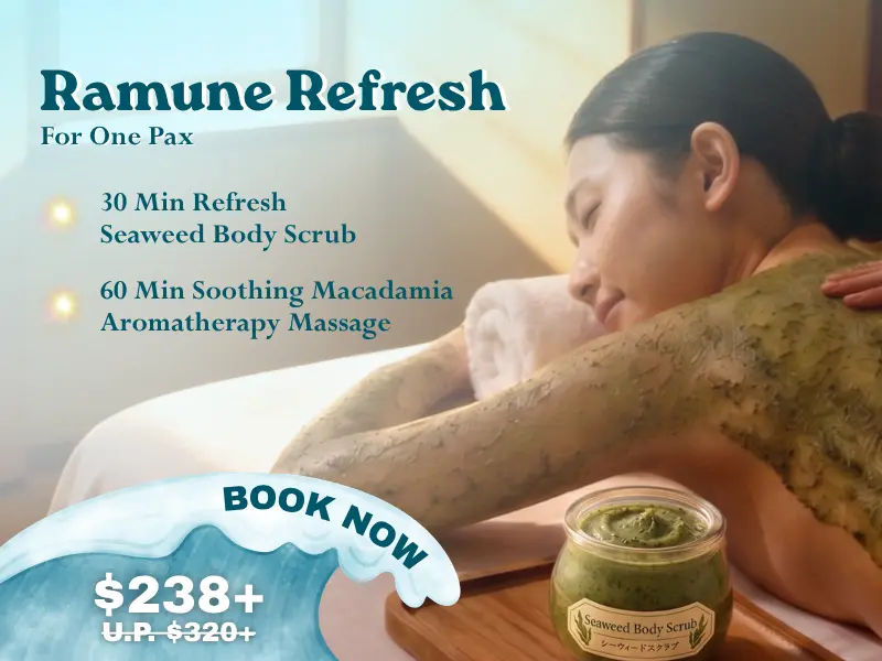 Woman receiving a seaweed body scrub at a spa, with text promoting the "Ramune Refresh" summer spa promotion package, including massage and pricing details.
