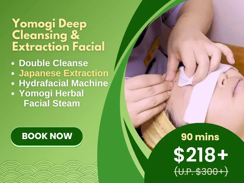 A person receives a facial treatment while lying down; text promotes a Deep Cleansing Acne Facial—Yomogi Deep Cleansing & Extraction—for £218+, lasting 90 minutes.