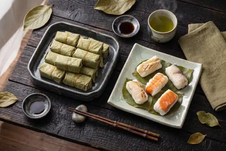 An assortment of kaki-no-ha sushi wrapped in persimmon leaves on ceramic plates, with chopsticks, soy sauce dishes, a cup of green tea.