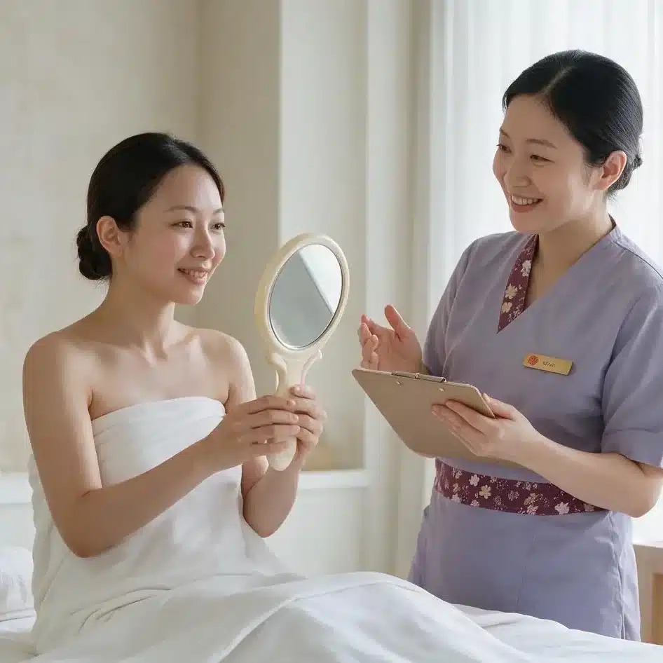 A woman wrapped in a towel sits on a spa bed holding a mirror while a spa worker in uniform consults with her, clipboard in hand, preparing for an indulgent onsen facial.