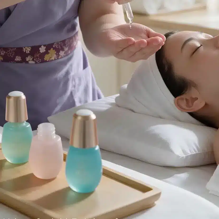 A woman lies on a spa bed with eyes closed while a therapist prepares to apply serum using a dropper, as part of an indulgent onsen facial. Three serum bottles are arranged neatly on a wooden tray nearby.