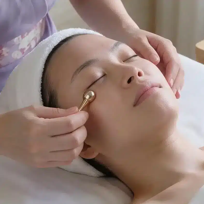 A person lies on a spa bed with eyes closed whilst a therapist applies eye cream using a metal roller tool during an onsen facial. Skincare products and towels are visible in the background.