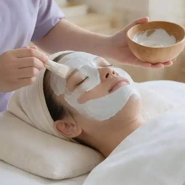A spa therapist in a mask applies a white face mask to a client lying on a treatment bed, creating an experience reminiscent of an onsen facial. A bowl of mask mixture is held in the therapist’s hand. Text describes a Vitamin C face mask step.