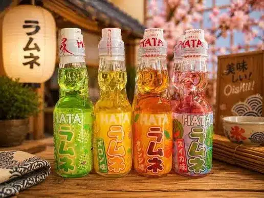 Four colourful bottles of Ramune soda are arranged side by side on a wooden surface, with Japanese decor and cherry blossom imagery in the background.