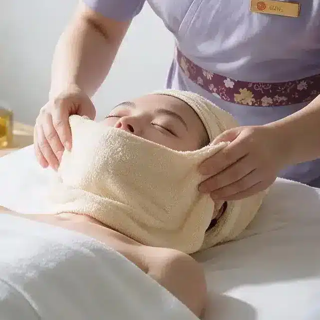 A spa therapist wraps a client’s face with a hot towel during an onsen facial, a traditional Japanese skincare treatment, in a well-lit room.