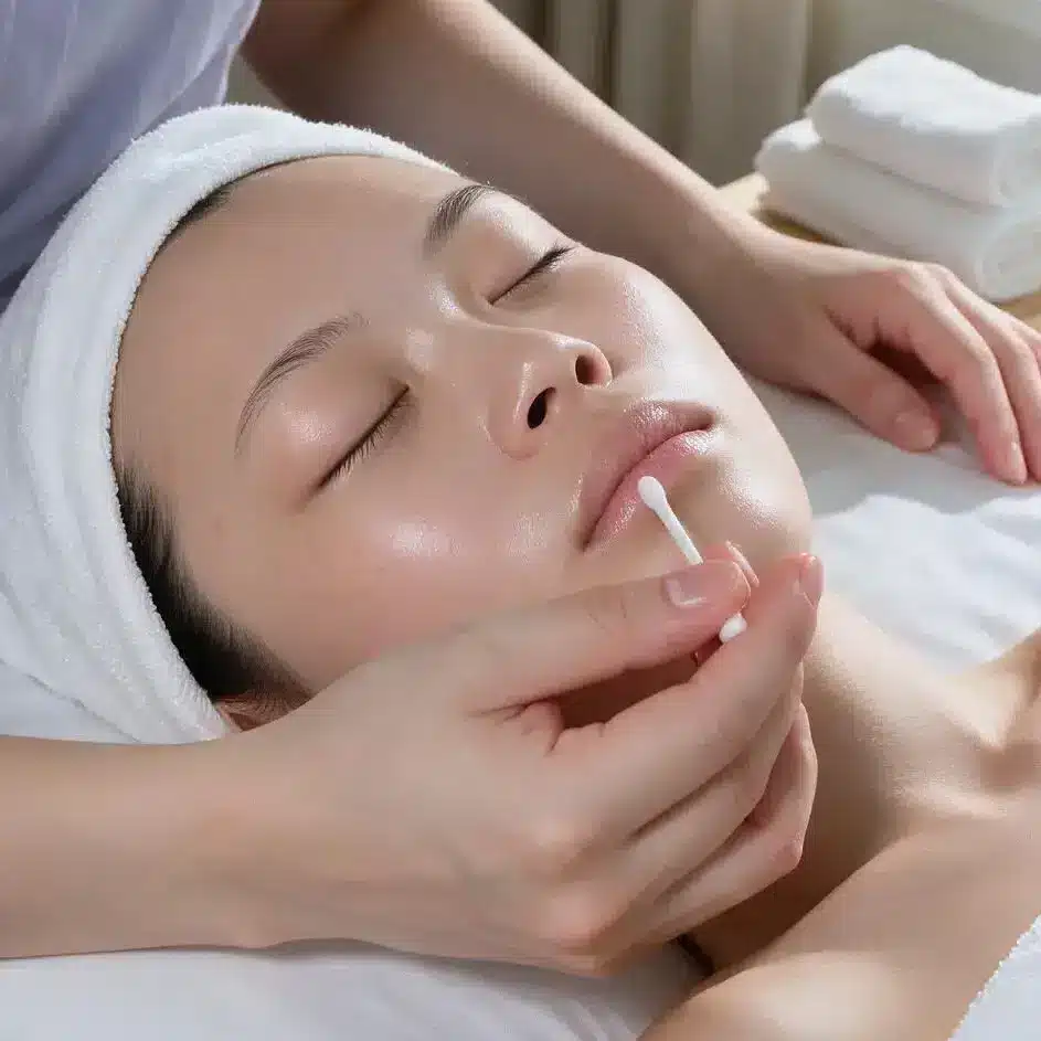 A person lies on a spa bed with a towel wrapped around their head whilst a practitioner applies an onsen facial treatment to their lips using a cotton bud. Spa products and towels are visible nearby.