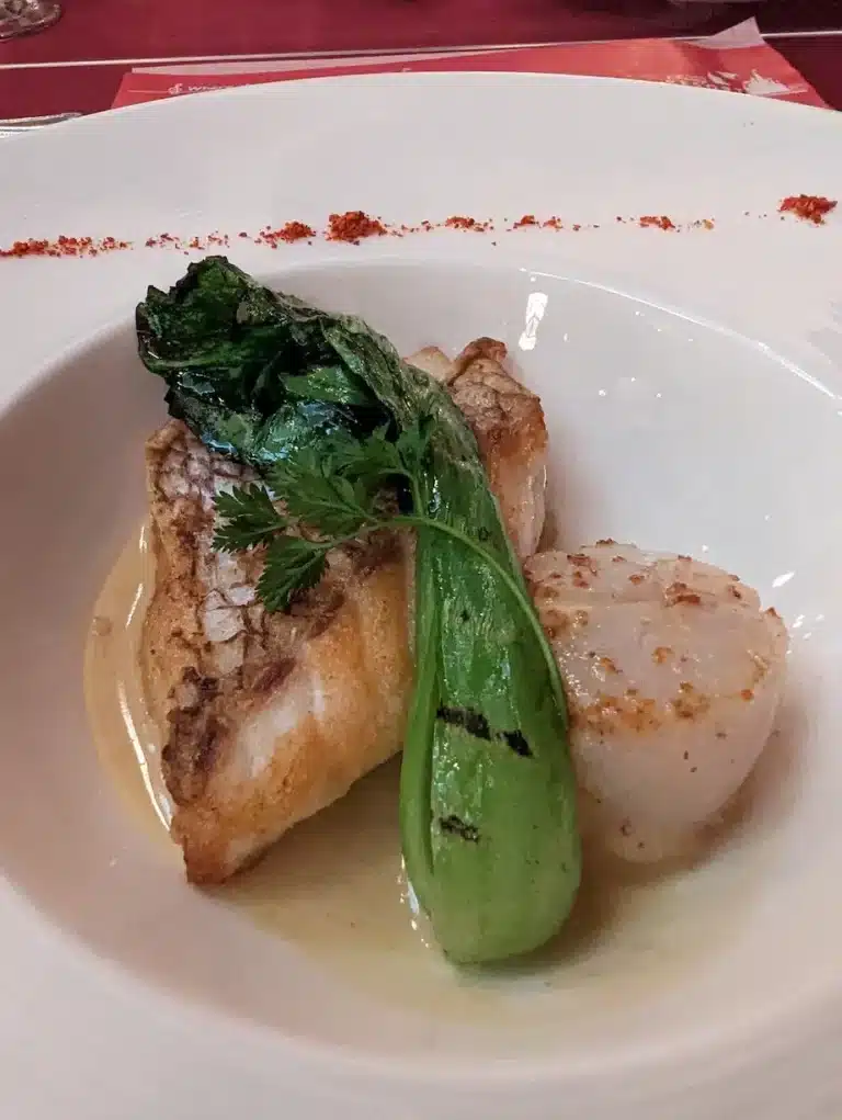 A seared fish fillet, a grilled scallop, and a piece of pak choi garnished with herbs, served in a white bowl with light sauce—this elegant dish captures the refined atmosphere of DisneySea dining.