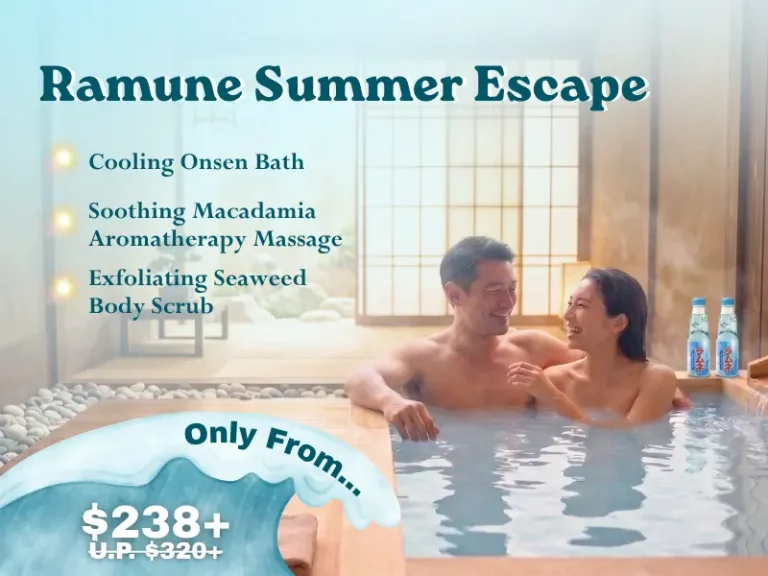 A man and woman relax in a wooden onsen bath, savouring the refreshing taste of ramune with bottles nearby. Text promotes a summer escape package including bath, massage, and body scrub, priced at £238+, down from £320+.