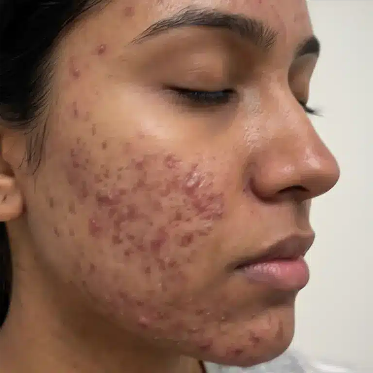 A close-up of a person's face showing closed eyes and visible red and inflamed acne facial blemishes on the cheek and jawline.