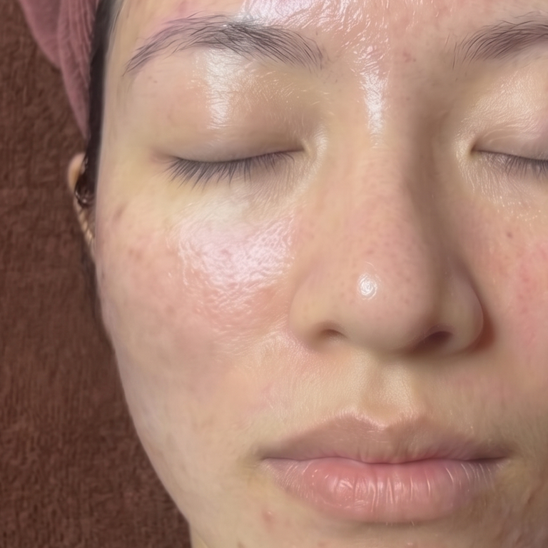 Close-up of a person's face with closed eyes and clear, shiny skin, showing visible pores and smooth texture after an acne facial.