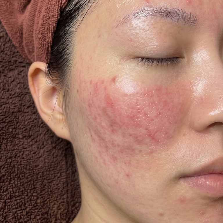 Close-up of a person's face with eyes closed, highlighting red, inflamed acne and textured skin on the cheek after an acne facial treatment.