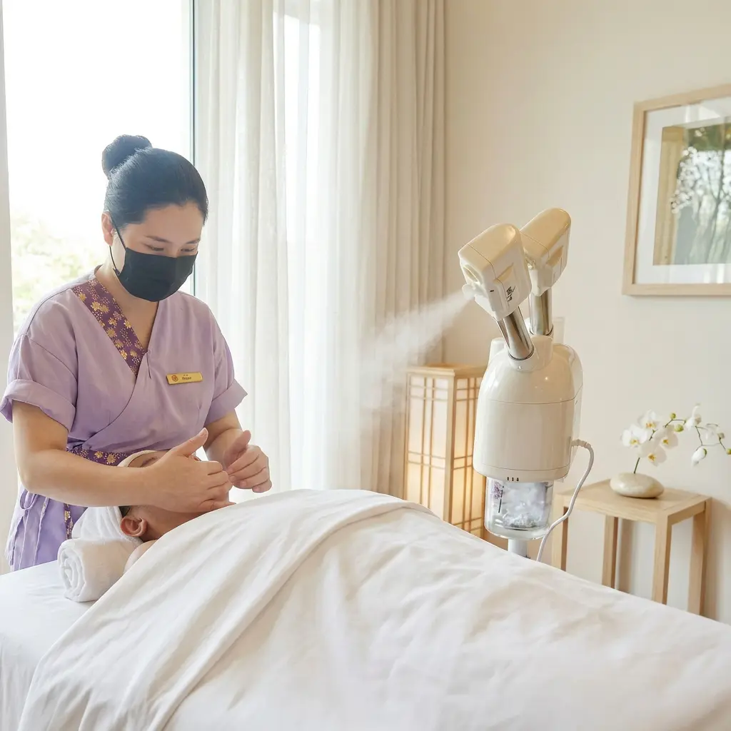A spa therapist wearing a mask performs an acne facial on a client lying under a white sheet beside a facial steamer in a bright, well-lit room.