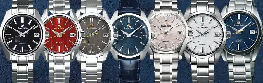 Seven Grand Seiko wristwatches in a row, each with a different coloured dial and metal bracelet, displayed against various blue and grey backgrounds, showcasing the signature craftsmanship and elegance of Grand Seiko.