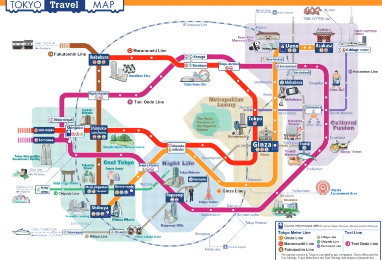 Tokyo travel map showing major metro lines, stations, tourist attractions, and neighbourhoods, with icons representing landmarks and key destinations around central Tokyo—including the location of the Grand Seiko flagship boutique for watch enthusiasts.