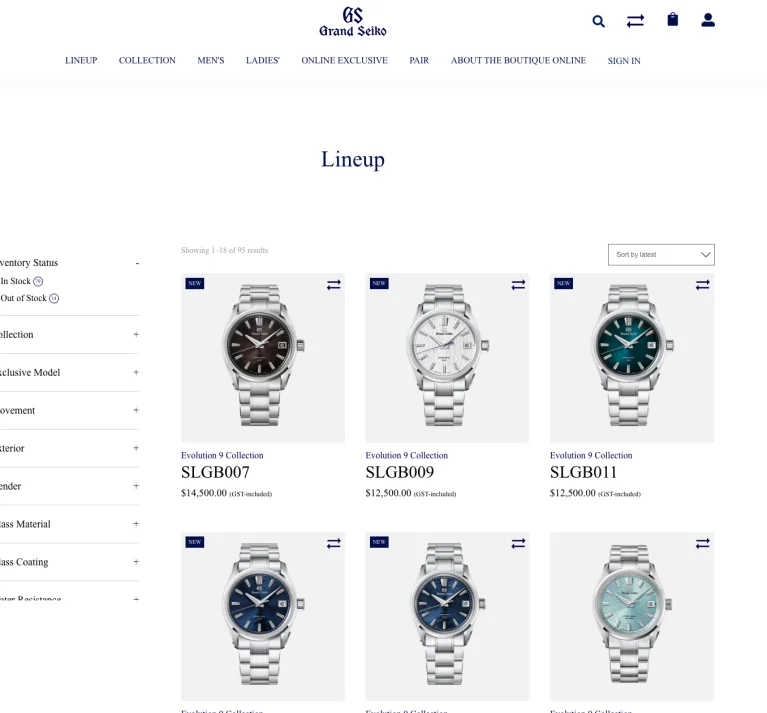 A website page displays Grand Seiko watches, each with a photo, model number, price, and different dial colours. The Grand Seiko timepieces are arranged in a grid layout with filters on the left to help you find your perfect watch.