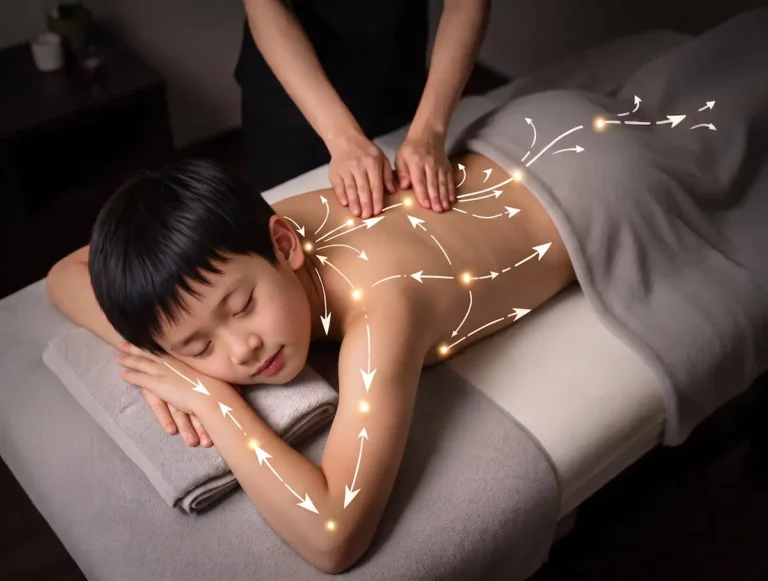 Child receiving a relaxing kids’ massage from an adult, with illustrated arrows and points highlighting massage or energy flow on the body.