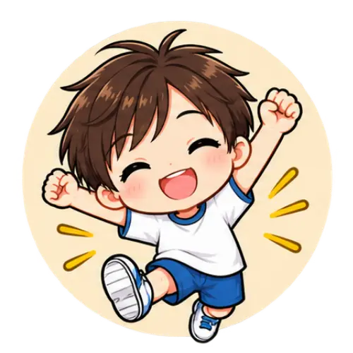 Chibi-style illustration of a happy boy with brown hair, wearing a white shirt and blue shorts, jumping with arms raised and smiling widely—a joyful image perfect for children or promoting children's massage.