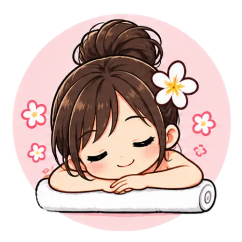 Cartoon girl with brown hair and a flower, lying on a towel with eyes closed, relaxing as if enjoying a children's massage against a pink background with small flowers.