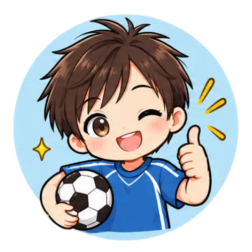 Cartoon boy with brown hair in a blue shirt holds a football, winks, and gives a thumbs-up. Yellow lines and sparkles add emphasis, creating a playful scene perfect for children or promoting active activities like children's massage.