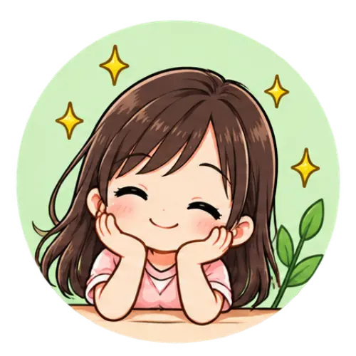 Anime-style illustration of a smiling girl with brown hair resting her chin on her hands, evoking a sense of relaxation perfect for children's massage, surrounded by sparkles and a green plant, set against a pale green circular background.
