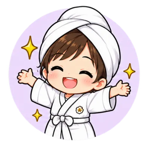 Cartoon child with brown hair wearing a white dressing gown and towel on head, smiling with arms raised, surrounded by yellow sparkle icons—perfect for promoting children's massage or spa-themed activities for children.