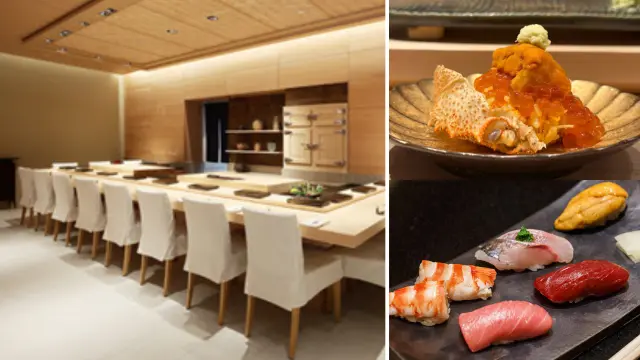 Modern sushi restaurant interior with a wooden counter and white chairs on the left; assorted sushi and sashimi dishes on the right, reminiscent of a Michelin-level dining experience.