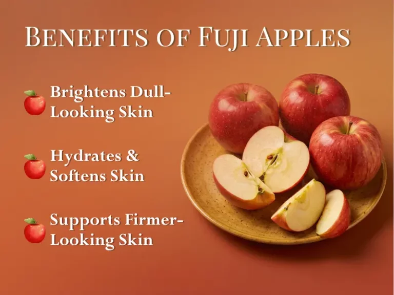 A plate of whole and sliced Fuji apples is displayed next to text listing benefits for skin: brightening, hydrating, softening, and supporting firmer-looking skin—making Fuji Apple the perfect ingredient to enhance your natural glow. Enjoy these nourishing benefits as part of our exclusive spa offers for a truly rejuvenating experience.