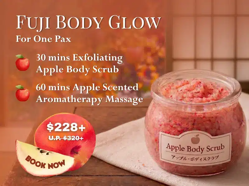 Image of a Fuji Body Glow spa package featuring a 30-minute exfoliating Fuji Apple body scrub and a 60-minute apple aromatherapy massage for £228, with a jar of apple body scrub shown—an irresistible choice among our latest spa offers.