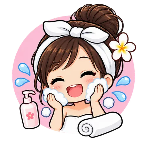 Cartoon girl with a headband and flower enjoying a children's facial, washing her face with foam, surrounded by water drops, a towel, and a bottle on a pink background.