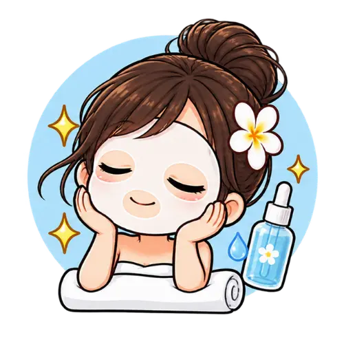 Cartoon girl with a face mask and flower in her hair relaxes on a towel, enjoying a children's facial, with a serum bottle and sparkling effects in the background.
