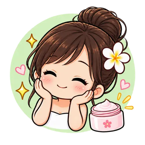 Anime-style girl with brown hair in a bun, a white flower, smiling with closed eyes, cheeks blushing, hands on face in delight as she enjoys a children's facial, next to a pink jar of cream, with sparkles and hearts around.