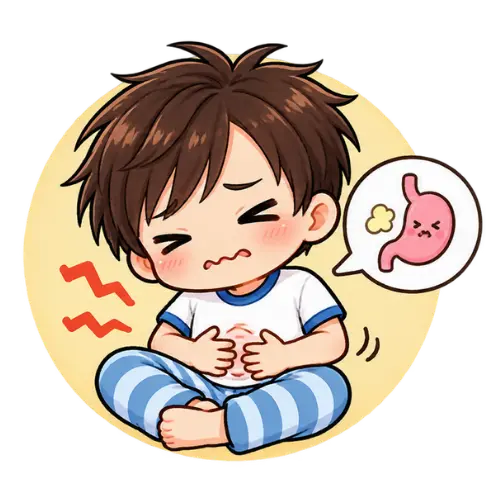 Cartoon child sitting with hands on stomach, looking uncomfortable, with a speech bubble showing a sad stomach to indicate a kids' tummy ache. The child’s feet are visible, emphasising the full-body discomfort often experienced during a tummy ache.