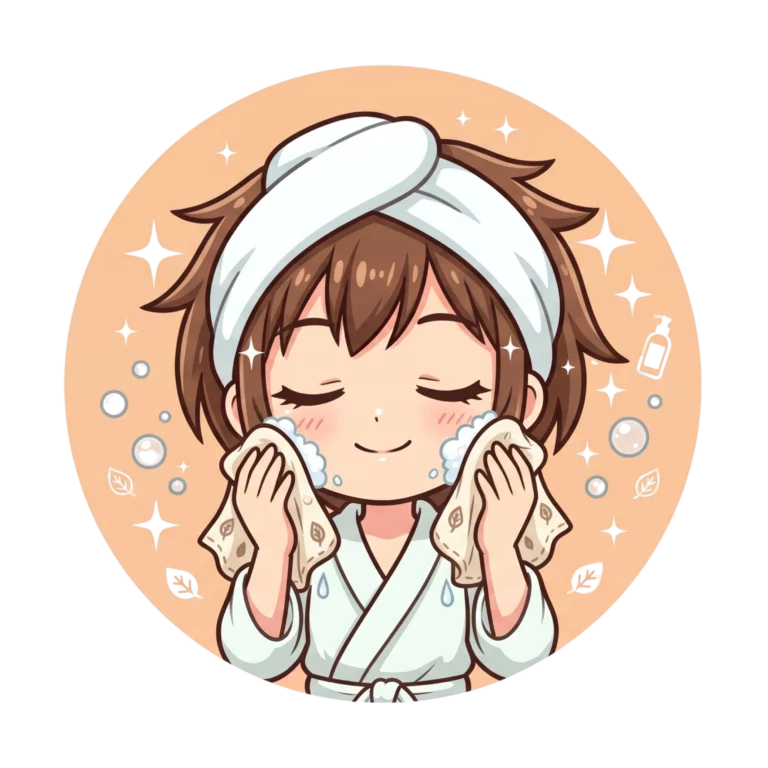 Cartoon character in a dressing gown with a towel on their head gently washing their face with soap, surrounded by bubbles and sparkles—perfect for illustrating a fun children's facial routine.