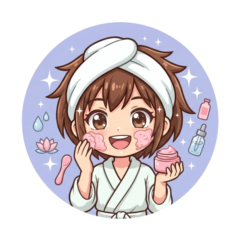 Anime-style character wearing a dressing gown and towel headband, applying pink face cream for a relaxing children's facial. Surrounded by skincare items like bottles, a lotus, and water drops on a purple background.
