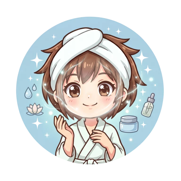 Anime-style person in a dressing gown and towel headband, smiling, surrounded by sparkles, skincare products, a water droplet, and a lotus flower—all capturing the fun and gentle experience of a kids’ facial—against a blue circular background.