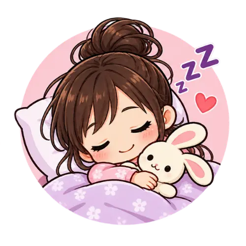 Illustration of a girl with brown hair sleeping in bed, hugging a white bunny soft toy close to her tummy, with her foot peeking from under the duvet, and a pink heart and “Zzz” above her.