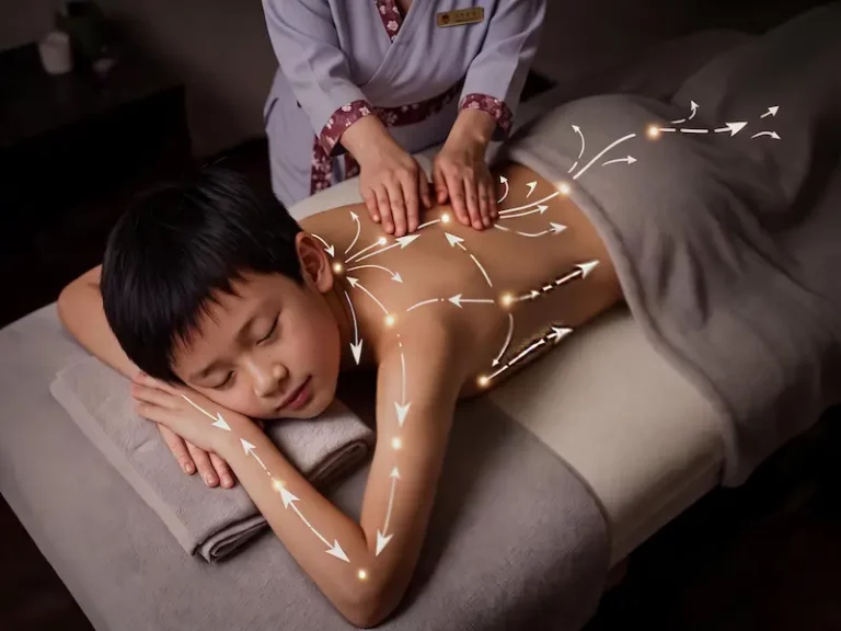 A child lies on a massage table with eyes closed, covered by a towel, whilst a person provides a gentle kids' massage to their back. White arrows illustrate the direction of massage movements on the child’s back.