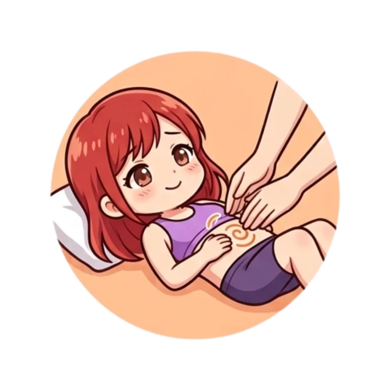 A cartoon child lies on a pillow while an adult’s hands draw circles on the kid’s tummy, their bare foot playfully peeping out from beneath a cosy blanket.