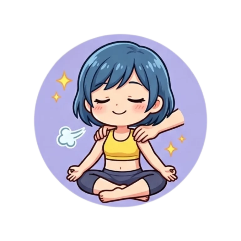 A cartoon person with short blue hair sits cross-legged, eyes closed, smiling, whilst another hand gives a shoulder massage. Sparkles surround the character, and their bare foot peeks out beside them.