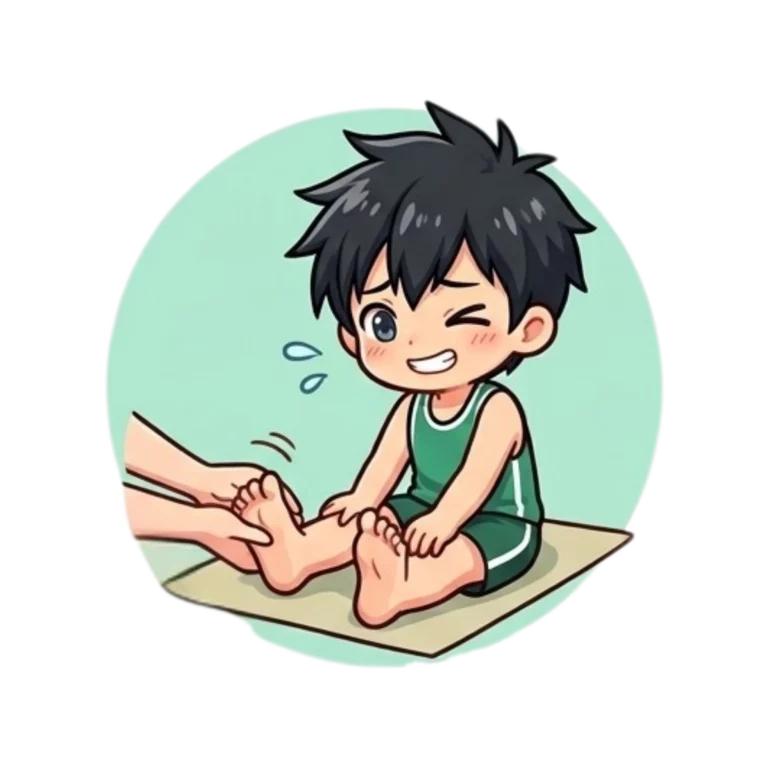Cartoon boy sitting on a mat, smiling and wincing whilst someone tickles his bare foot, his laughter shaking his kid's tummy.