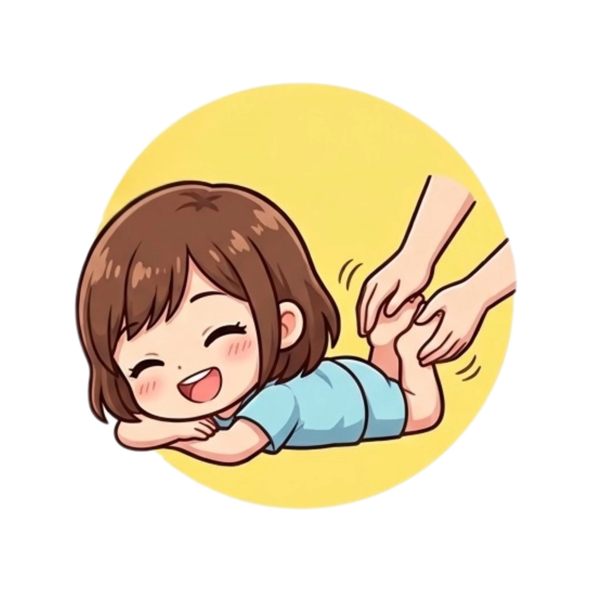 Cartoon child lying on their stomach, smiling and laughing whilst their foot is being tickled by two hands, with a giggly kids' tummy visible, set against a yellow background.