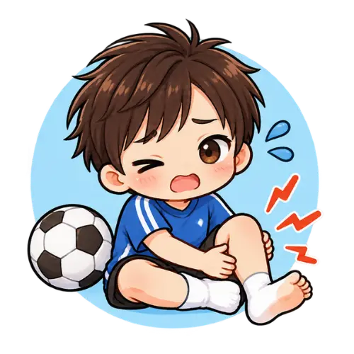 Chibi-style boy in blue sports kit sitting with a football, holding his injured foot, and appearing to be in pain.